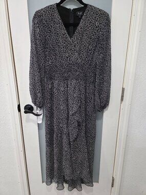 Bardot Black White Print High Low Midi Dress – Size 8 / Medium – Sheer Long Slee